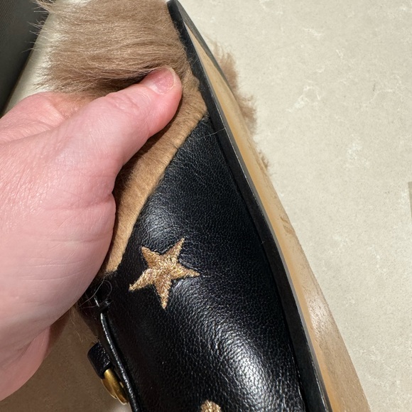 GUCCI Princetown Mule Fur Slippers With Embroidered Bees and Stars Black Leather - Picture 10 of 14